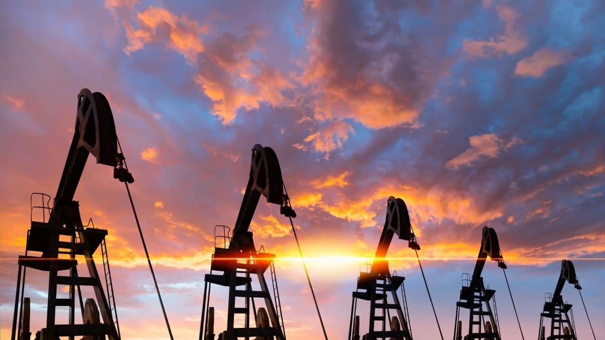 Oil rigs on sunset