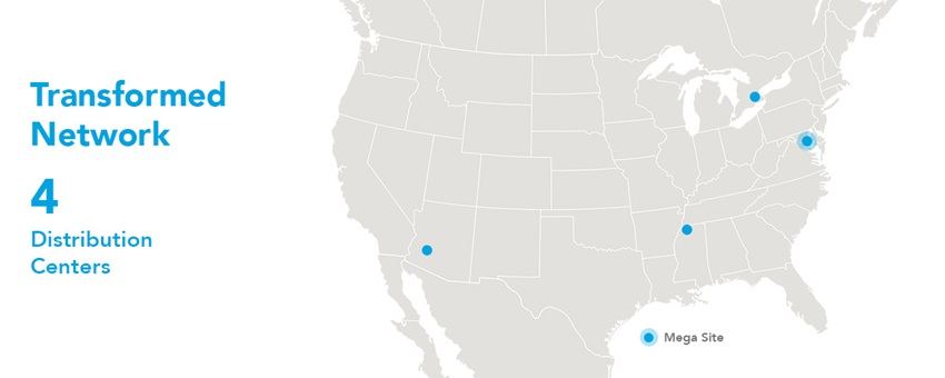 Map of the United States and 3 mega sites pinpointed on the map