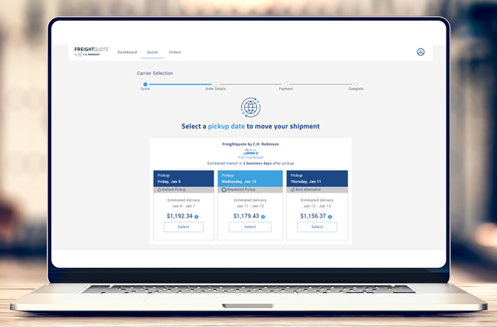 Screenshot Freightquote online shipping tool