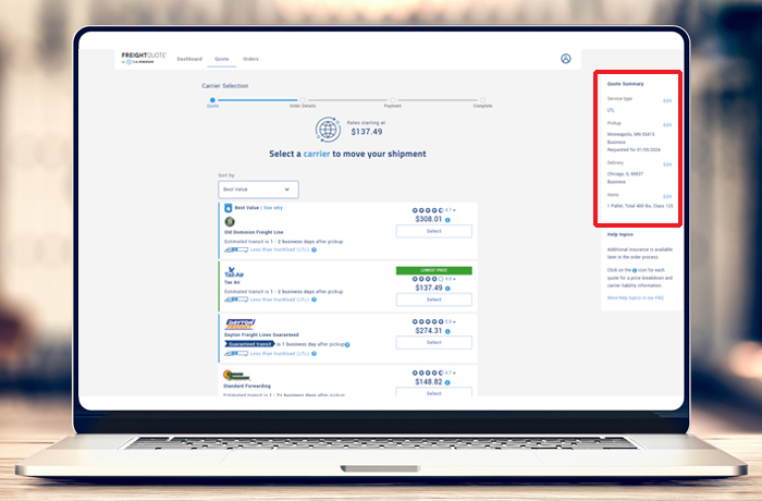 Screenshot Freightquote online tool - quote summary