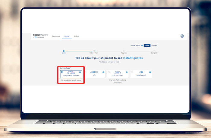 Screenshot of Freightquote online tool - Select your mode