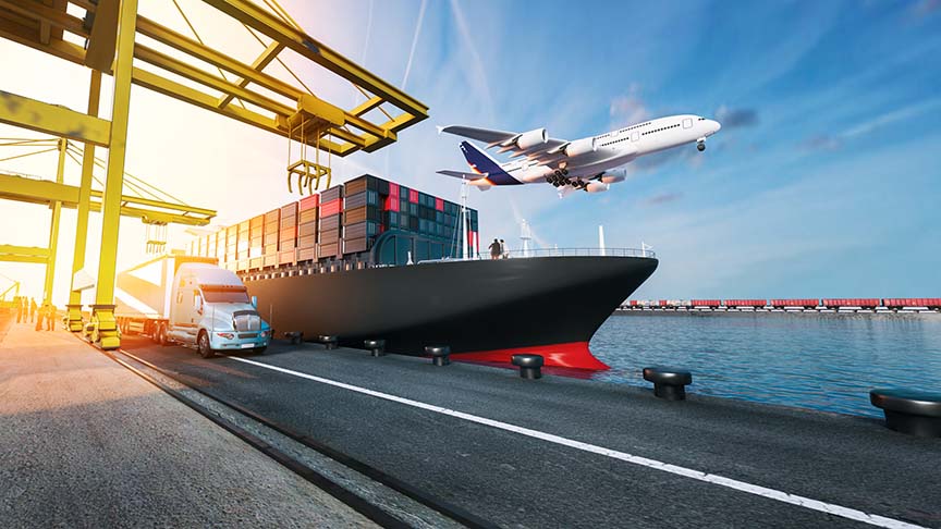 Semi truck, container ship, and cargo plane depicting benefits of unifying freight and customs with a single provider