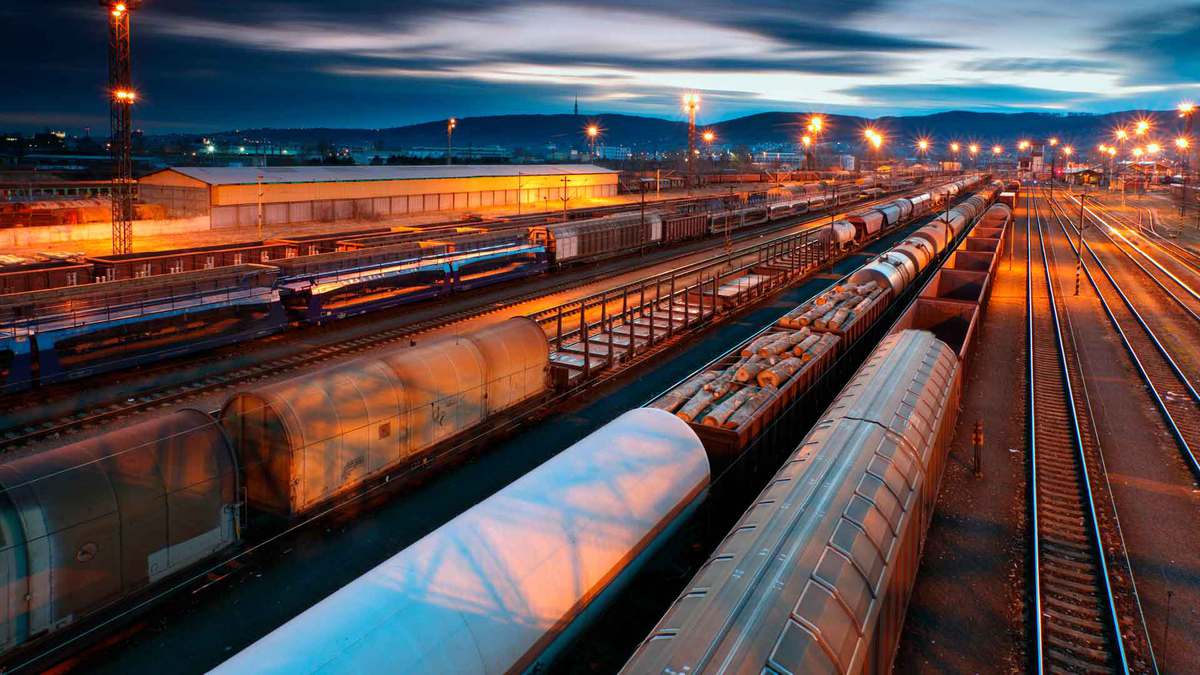 Aerial view of intermodal freight on a railroad at sunset