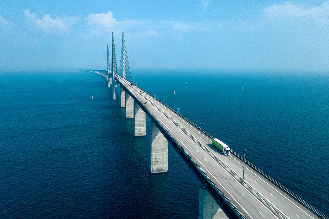 EU freight shipping across a long bridge