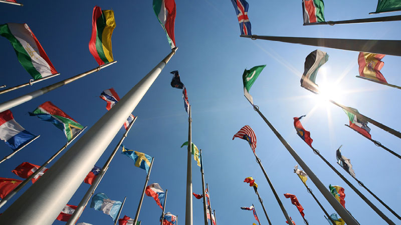 several flags from a ground-level view