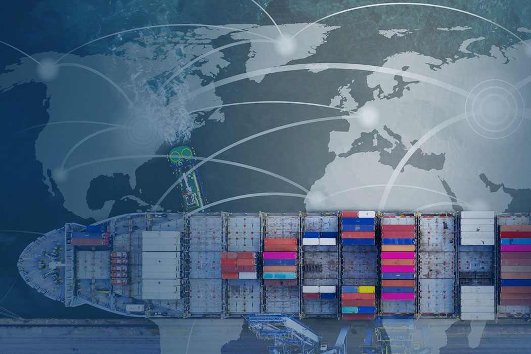 Global logistics network depicted by aerial view of container ship with world map background